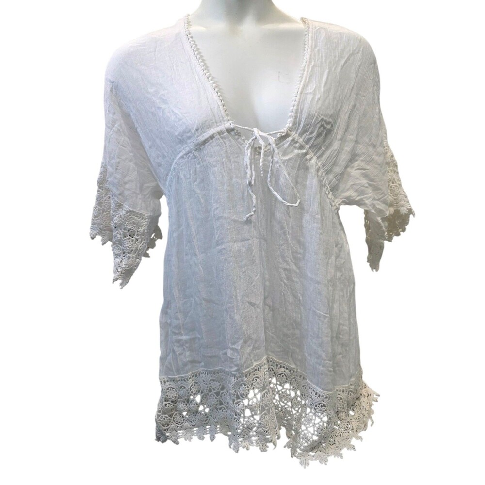 A Blue Island Women’s Cover-Up Dress Tunic White w cotton lace LARGE